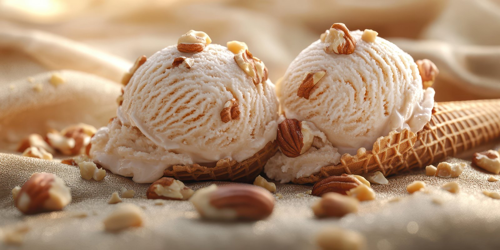 Delicious ice cream scoops topped with crunchy nuts on a soft fabric background